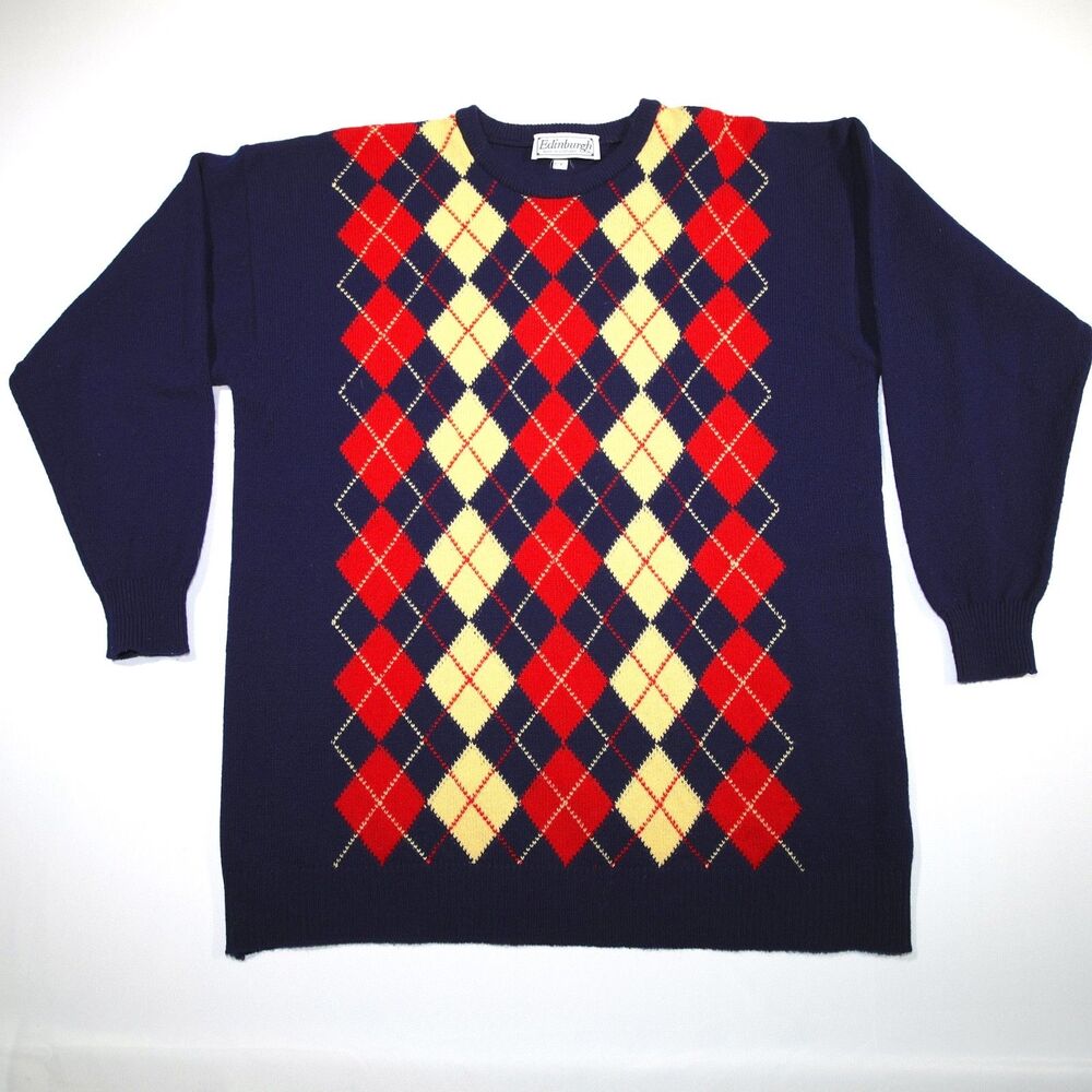 Edinburgh Scotland Men's Lambswool Sweater Argyle Navy Red Yellow Size 42/44 L